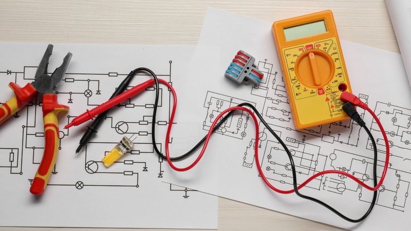 Multímetro, alicate e pontas de prova sobre diagramas elétricos